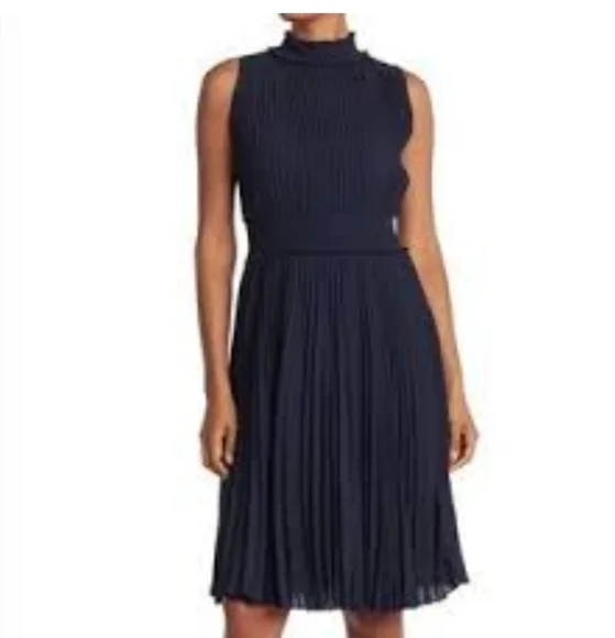 nanette lepore pleated midi dress Nanette Lepore Beige Pleated High Neck Sleeveless Midi Dress 12
